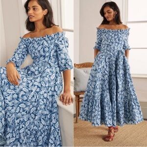 Boden Blue and White Off-the-Shoulder Maxi Dress